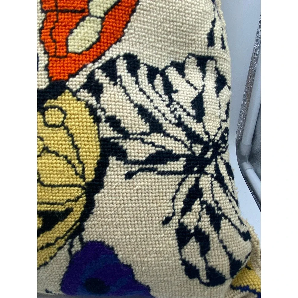VTG Embroidered colorful Butterfly Throw‎ Pillow Corduroy Back Handmade READ